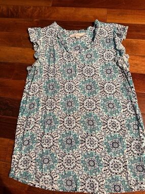 Loft Teal and Navy Medallion Flutter Sleeve Blouse